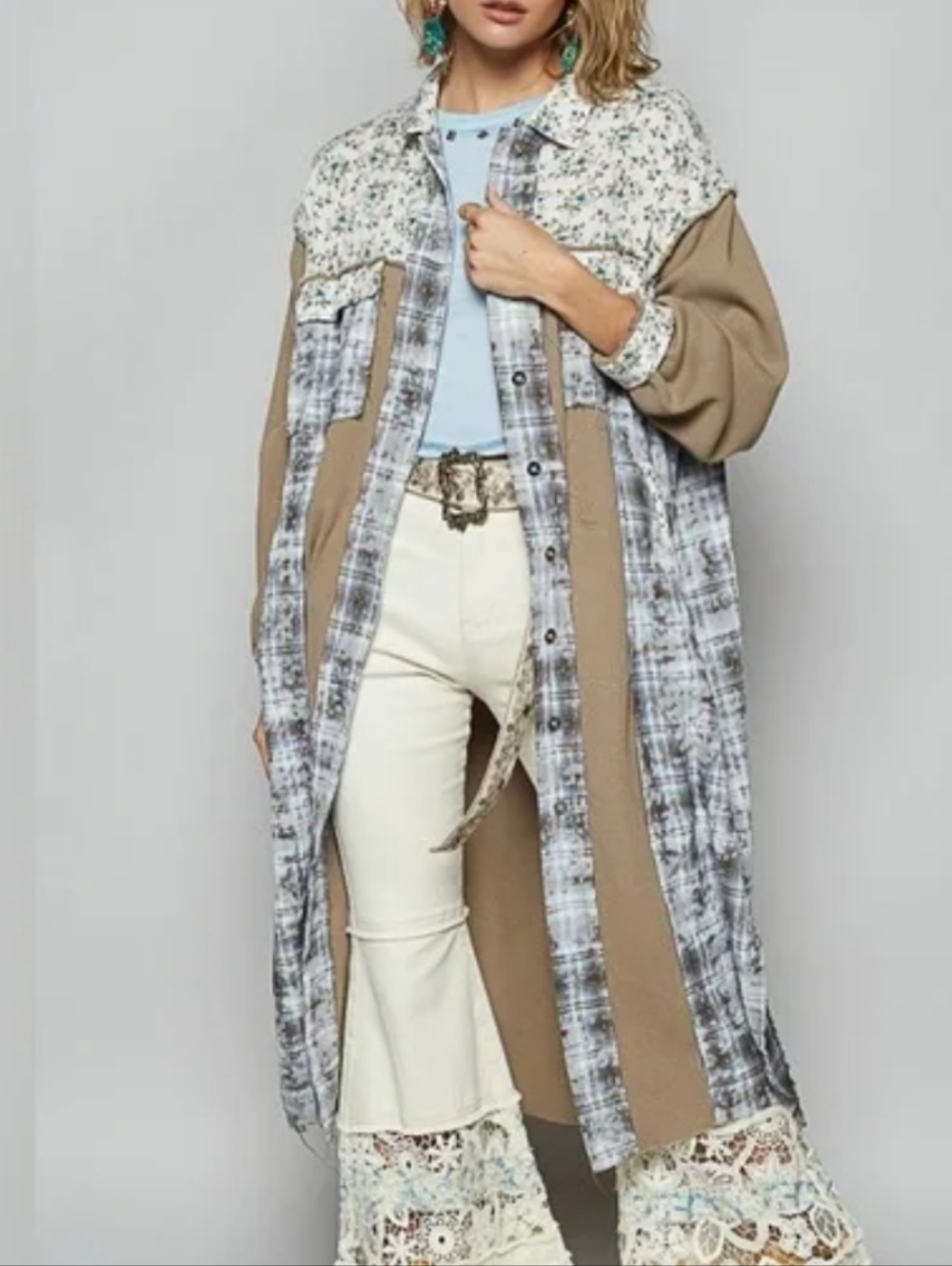 POL Mixed-Print Duster Coat in Olive, Cream, Gray